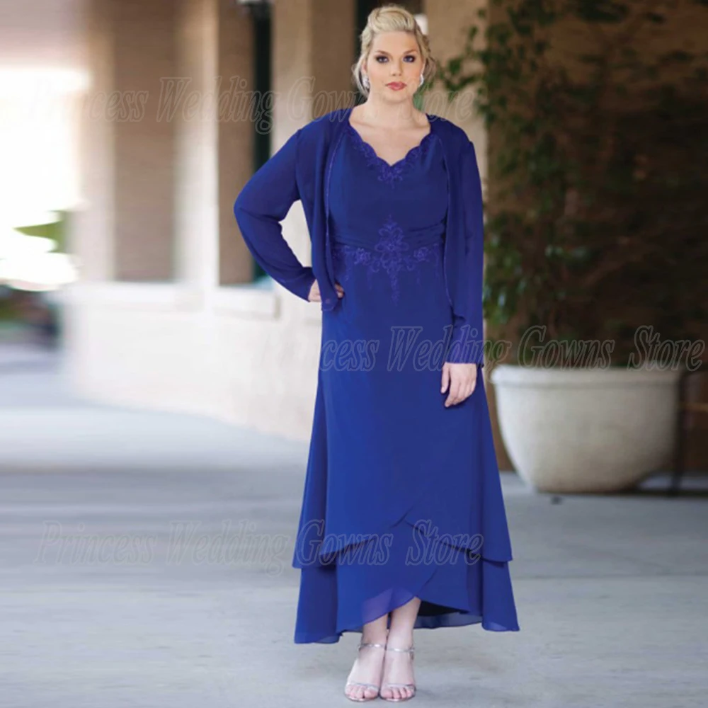 Customized Chiffon Plus Size Wedding Party Gown For Woman With Jacket Long Sleeve 2022 Ankle Length Simple Mother Of The Bridegr