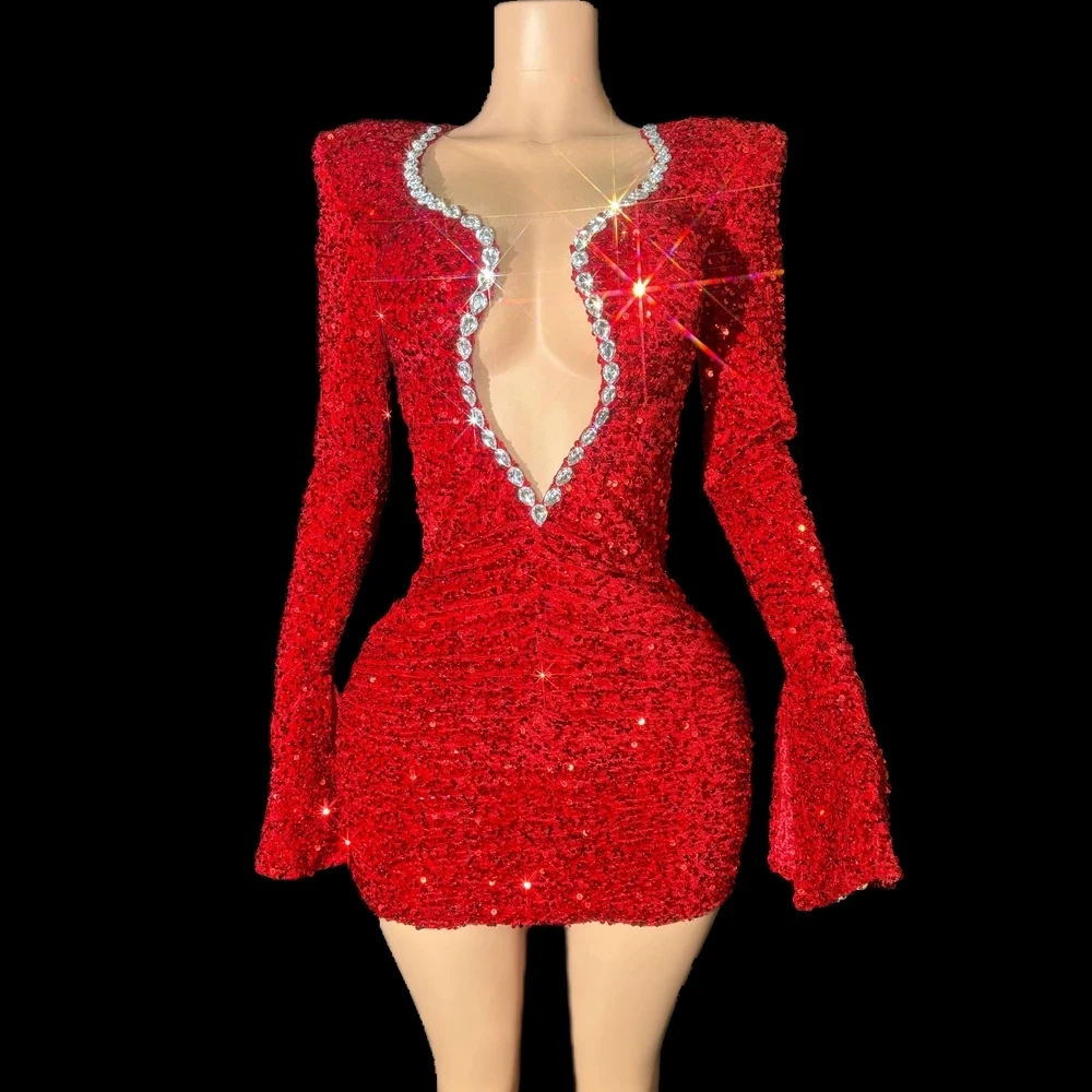 Rotterdam Kly-Robe Courte Rouge à Paillettes et Strass pour Femme, Tenue Sexy à Col en V Profond, Tenue de Soirée, d'Anniversaire, de Scène