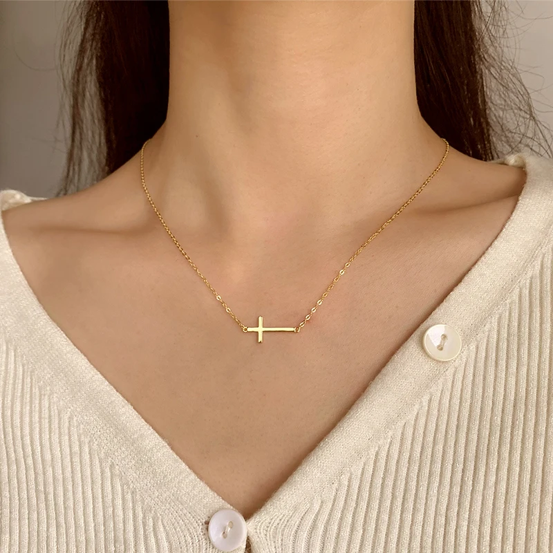 Fashion Classic 14K Gold Genuine S925 Silver Simple Cross Necklace Daily Commuting Versatile Clavicle Chain