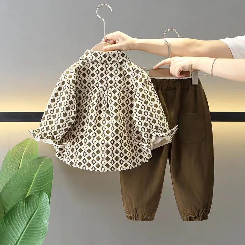 Boys' Autumn Set 2024 New Cool and Handsome Children's Spring and Autumn Fashion Baby Shirt Work Pants 3-Piece Set Trendy