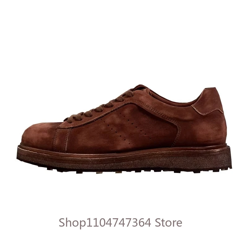 

Handmade Cowhide Casual Shoes Men's Genuine Leather Fashion Outdoor Hiking Thick Sole Work Leather Shoes Male Youth Brown