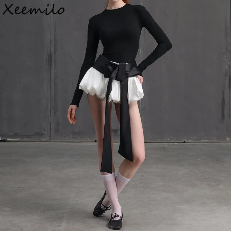 Xeemilo Y2K Back Hollow Out Bandage Long Sleeve T Shirt With Bow Applique High Waist Patchwork Skirts Autumn Elegant 2 Piece Set