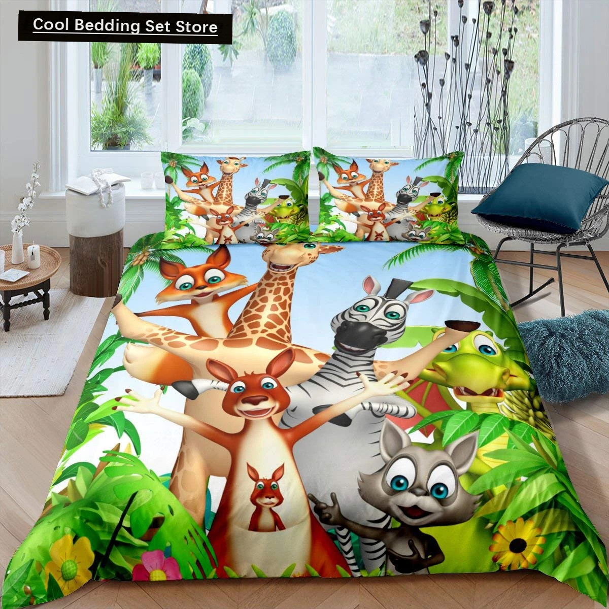 Kids Cartoon Animal Zebra Giraffe Fox Kangaroo King Queen Duvet Cover Boy Girl Rabbit Wildlife Bedding Set Polyester Quilt Cover