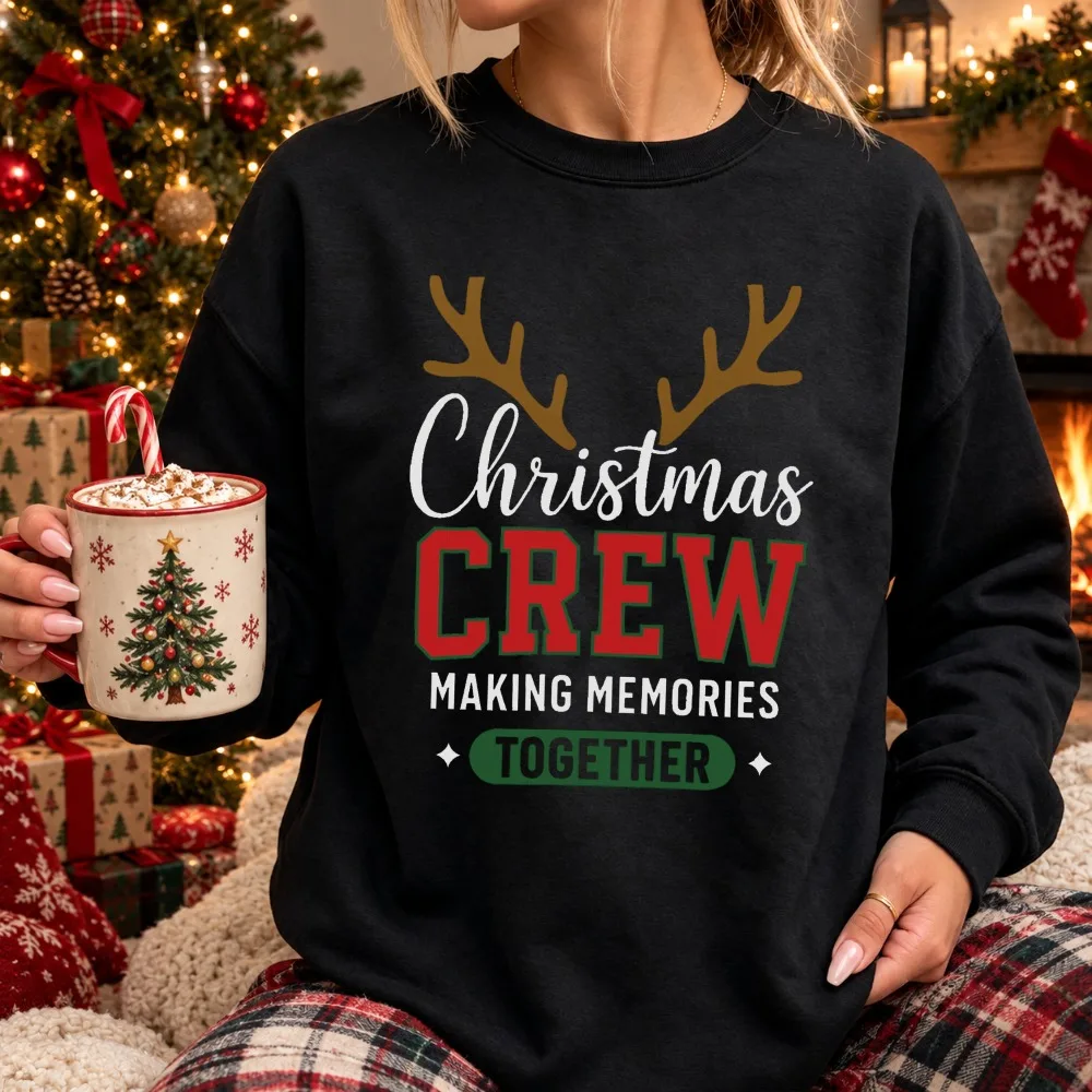 Christmas Crew Making Memories Together Reindeer Antlers Print Women Sweatshirt Xmas Holiday Family Matching Group Sweater