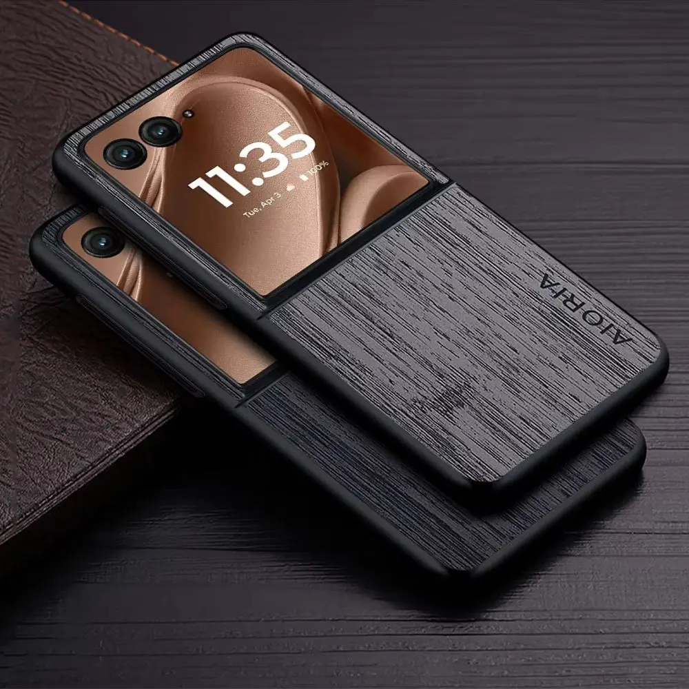 Hülle für Motorola Razr 70 60 50 Ultra 70 Plus Gerade Holzmaserung Veganes PU-Leder Handyhülle Funda für Moto Razr 70 Ultra Case