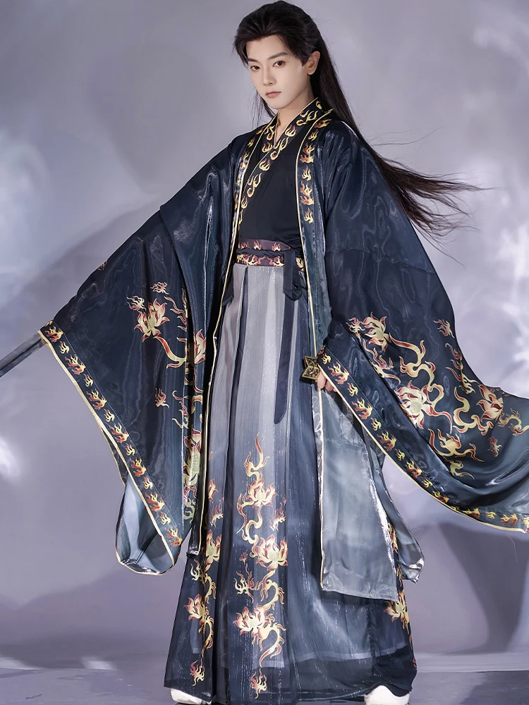 Hanfu-estilo chinês masculino hanfu jin, camisa de manga comprida com pescoço cruzado e comprimento da cintura, hanfu especial