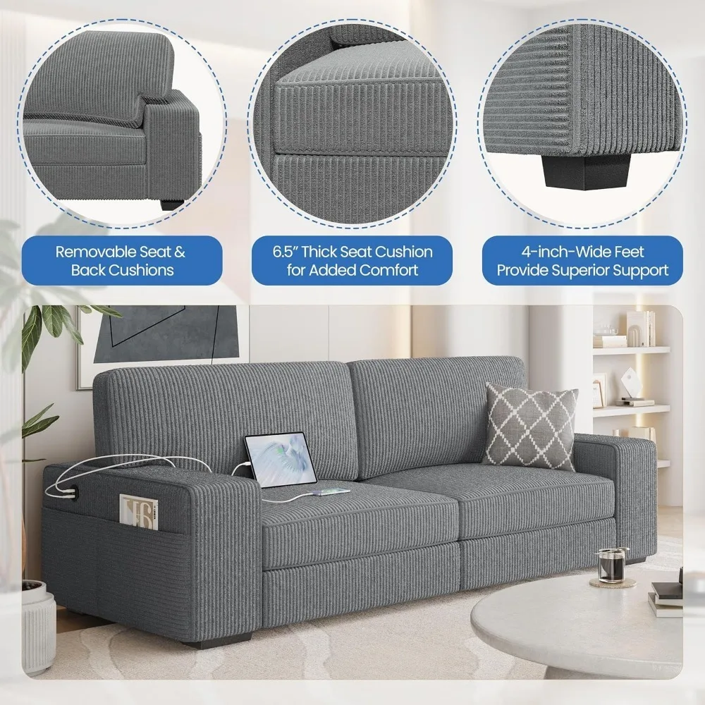 Wide Corduroy Fabric Sofa with USB Charging Port and Side Storage Bag, Modern Sofa Bed, 83.5 in