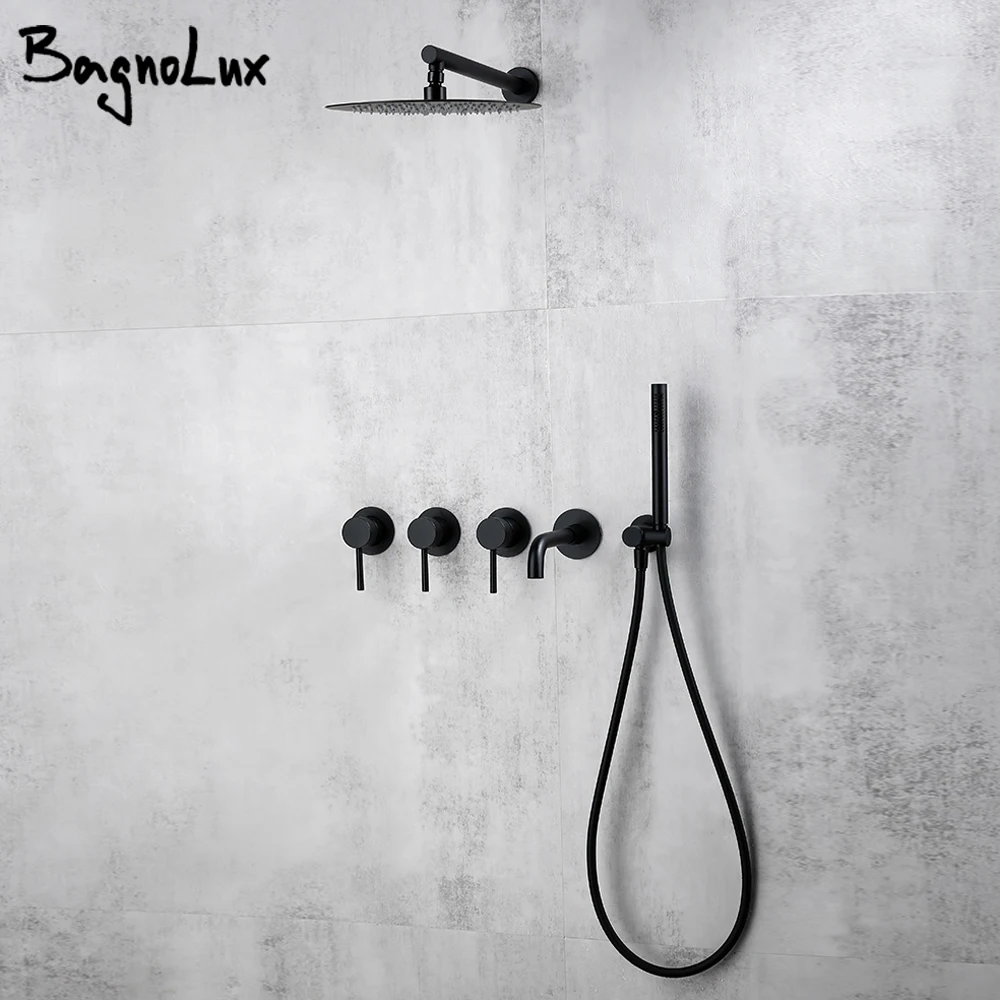 

Матовая черная Душевая система, смеситель для ванной комнаты, смеситель для ванны, настенное крепление, носик для ванны, поворот, 8/10/12 дюймов, дождевая насадка для душа
