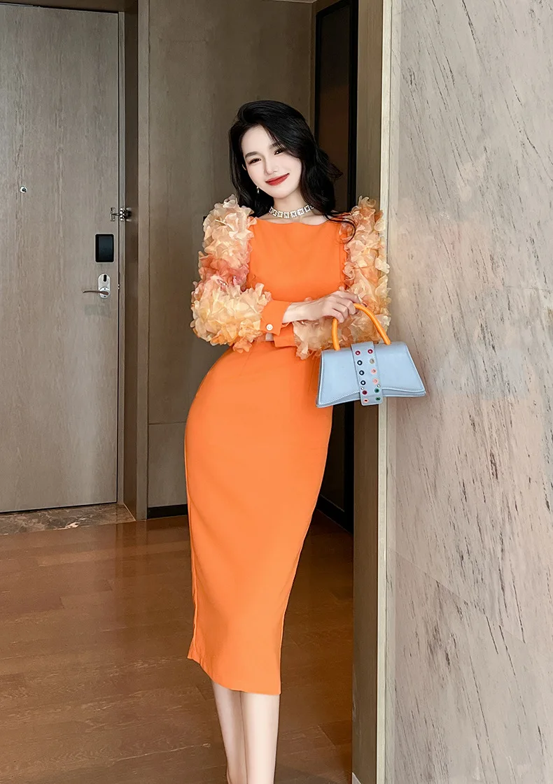 Autumn new women's French round neck lantern sleeve slim fit design orange dress