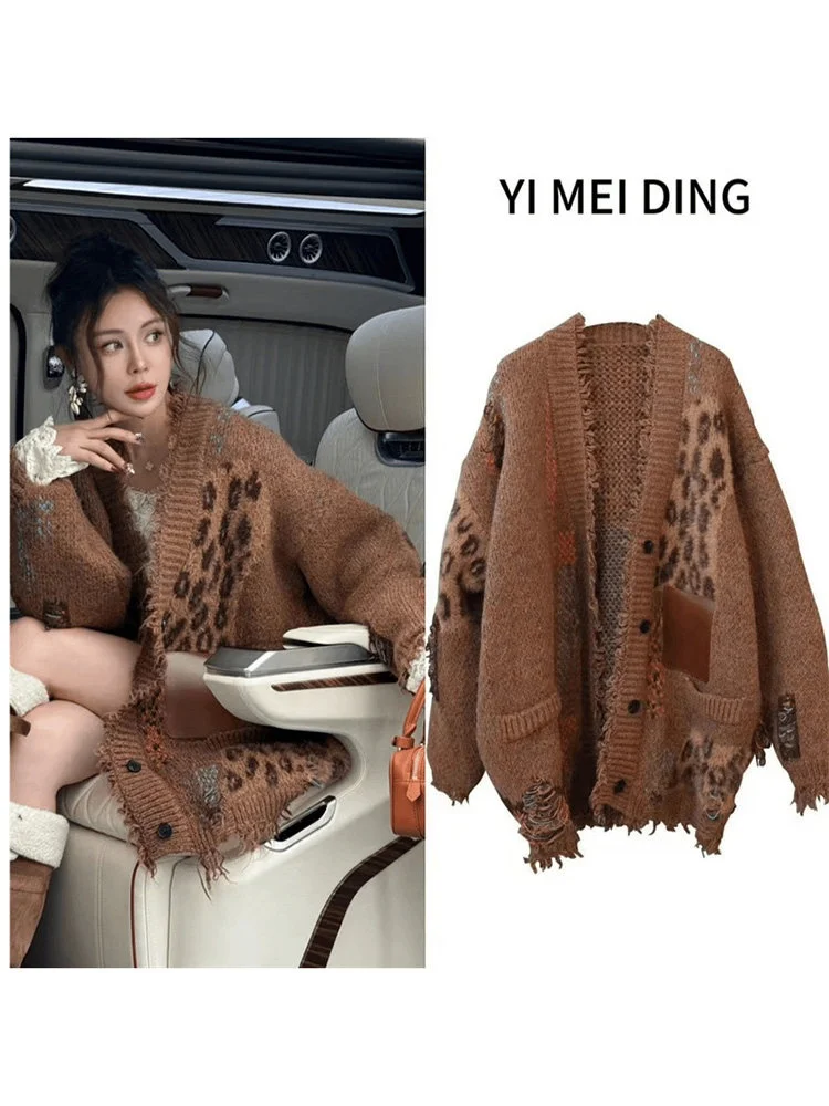 

Trendy Spring Leopard Print Color Blo Knitted Sweater Coat Women's Loose Fit Casual Sle V-Ne Long Sve Top