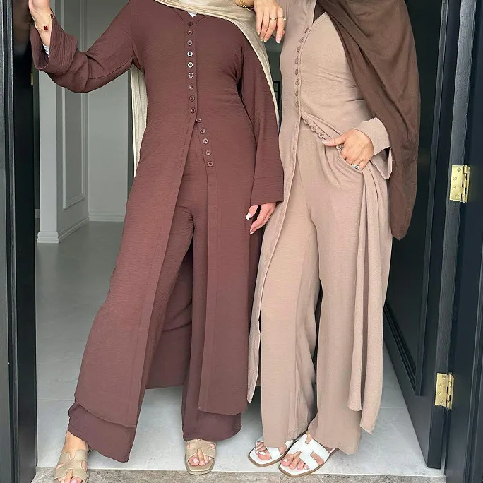 2026 Women's Solid Color Casual Trendy Solid Color 2 Piece Sets Muslim New Fashion Female Single-breasted Tops Wide Leg Trousers