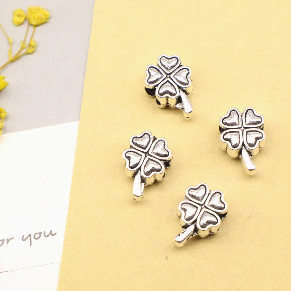 10pcs 9x14mm Four-leaf Clover Big Hole Beads Pendant For Necklace Component Trendy Jewerly Antique Silver Color