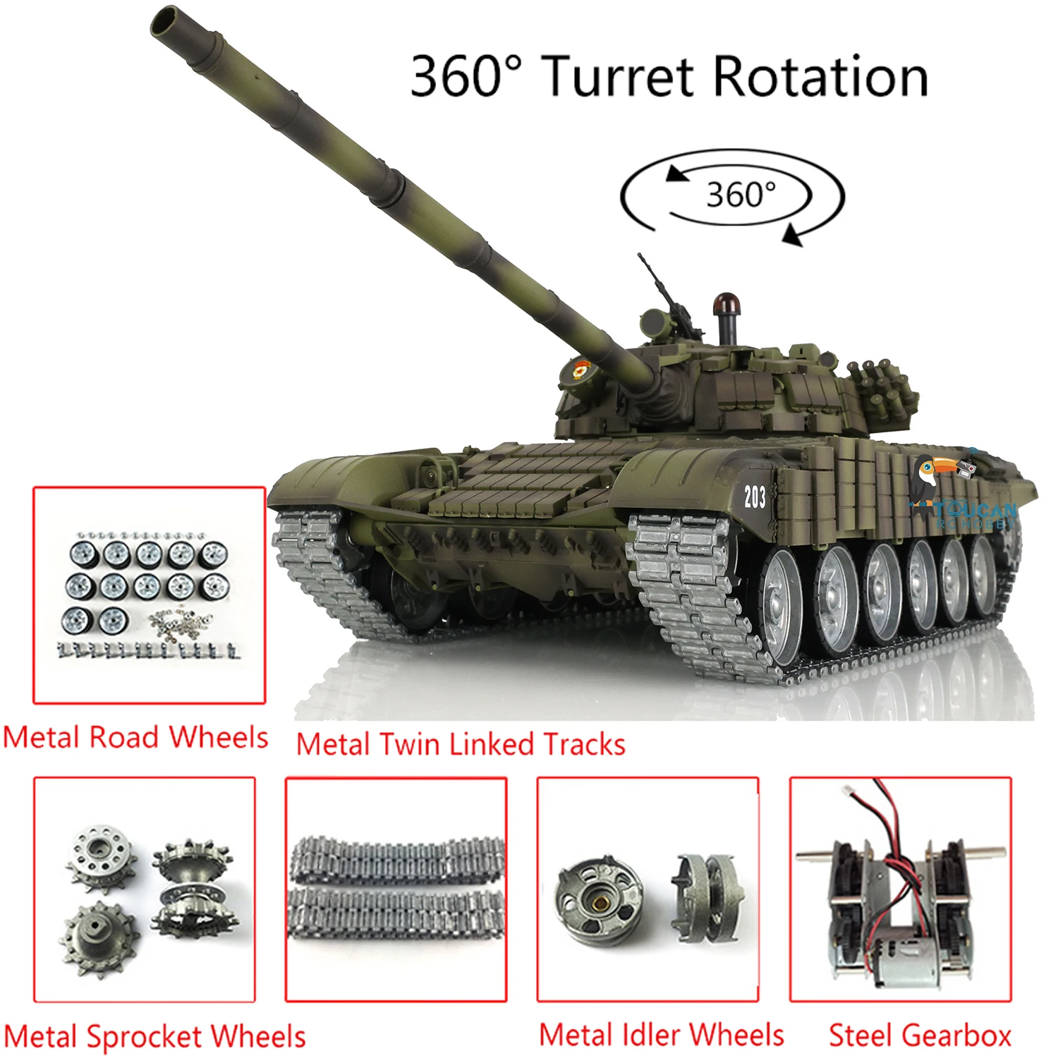 Carro armato da battaglia militare RC Heng Long in scala 1/16 T72 TK7.0 360 °   Ruota binari metallici Armatura Fumo Giocattoli telecomandati Regali TH20575