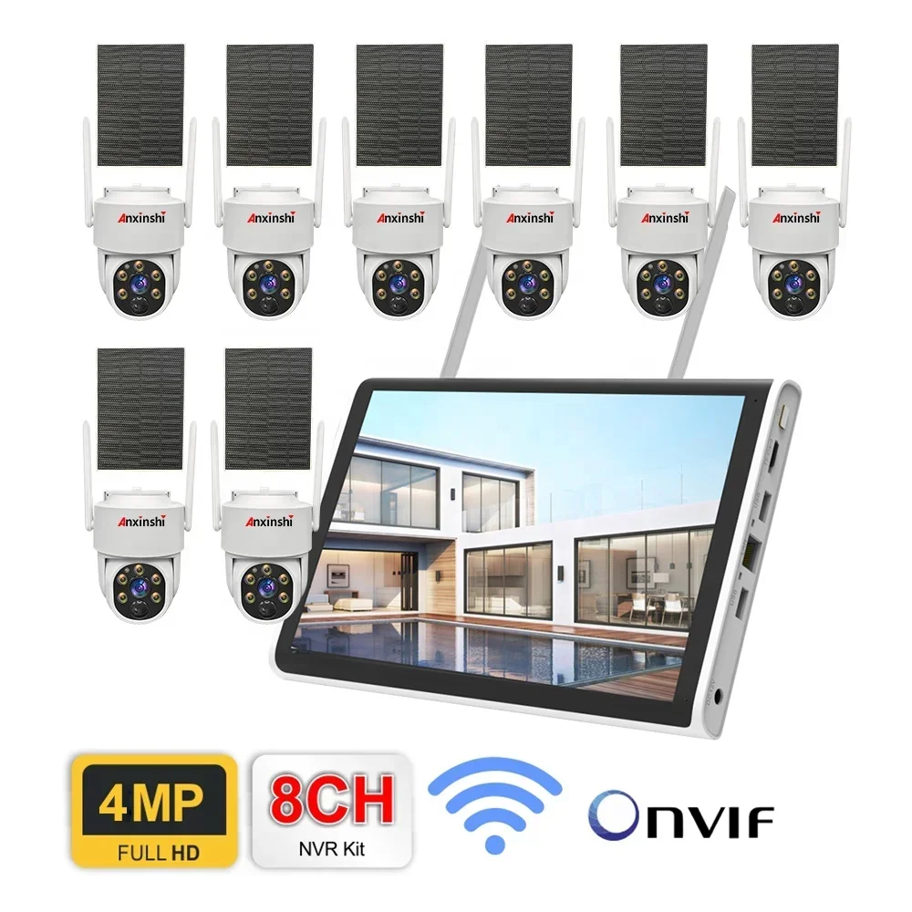 ชุดกล้องวงจรปิด Anxinshi OEM 8 ช่องทาง P2P 4MP ESeecloud Smart WiFi Solar Dome พร้อมจอ 10 นิ้ว