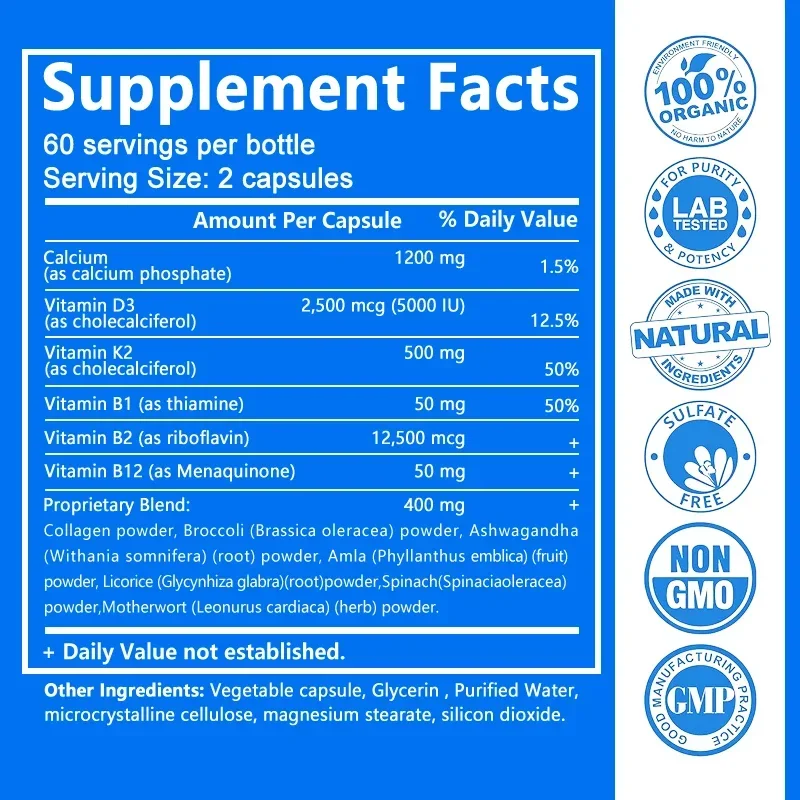 Capsules de vitamine de calcium D3 K2, contient de la vitamine B12, régule le métabolisme du calcium, prend en charge les os, l'immunité cardiaque, les muscles articulaires