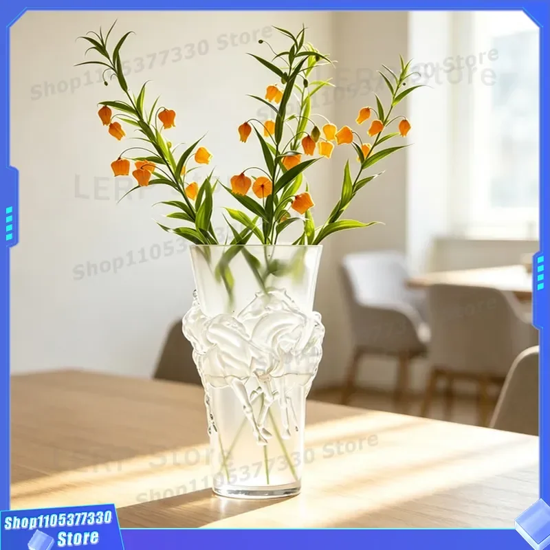 Chinese Retro Transparent Vase High End Home Decor Horse Ornament For Living Room Office Flower Arrangement Model Room