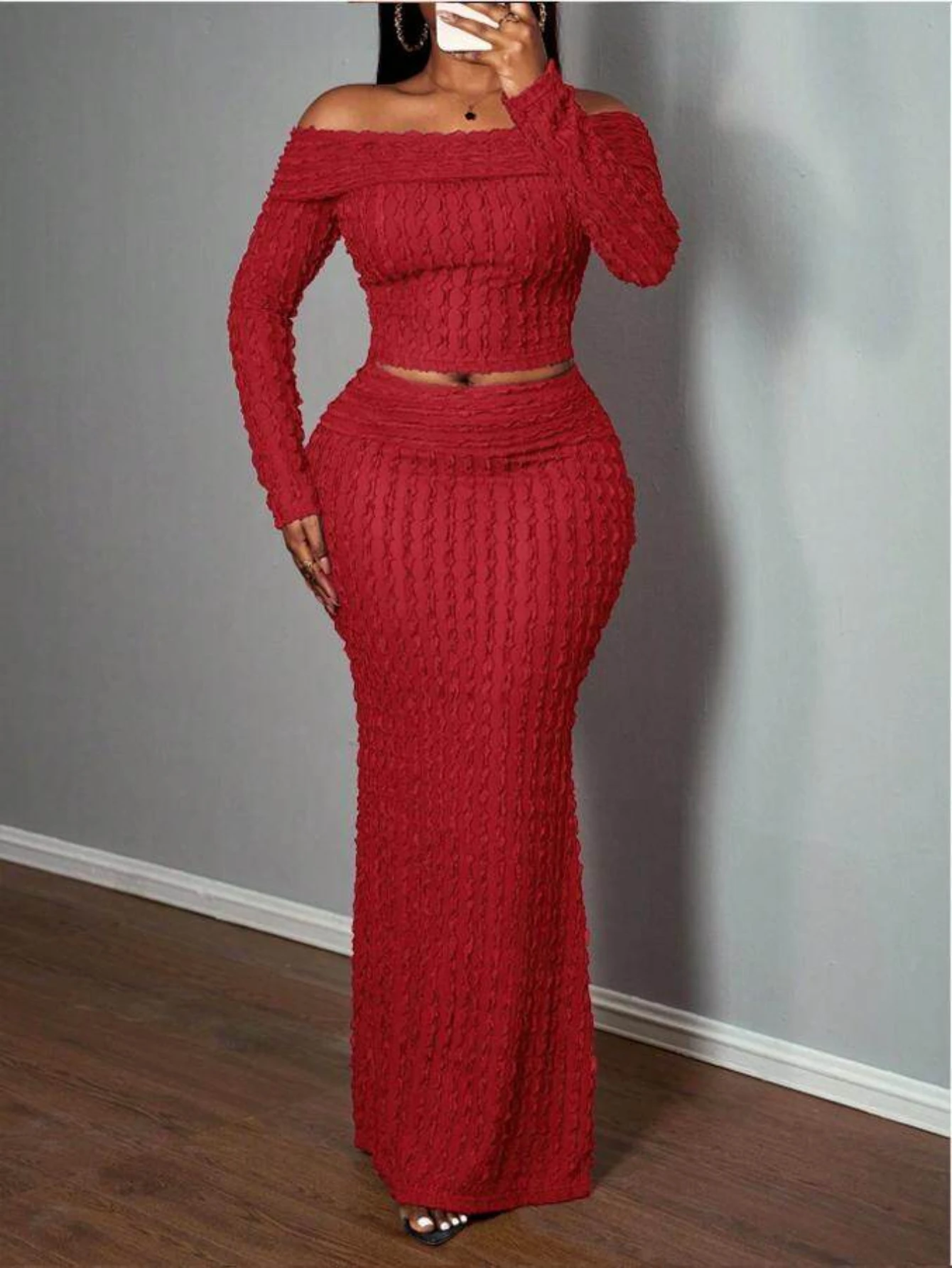 Sexy Off Shoulder Crop Top & Mermaid Maxi Skirt Matching Set 2 Piece Skirt Co-ord Outfit for Party Night Out Dinner Date