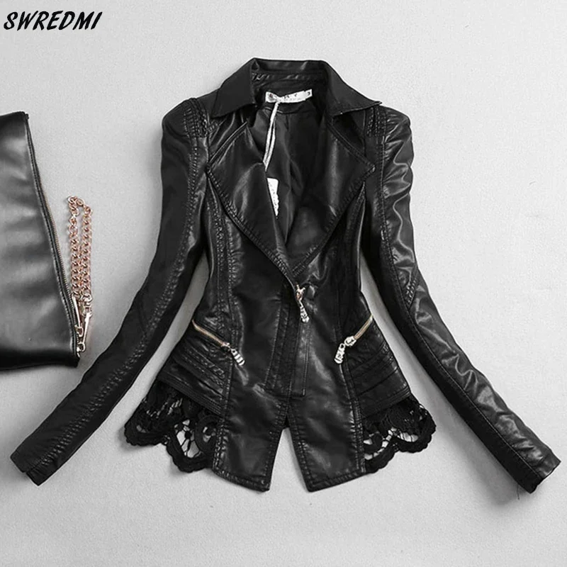 Swredmi Damen Lederjacke 2024 neue schlanke Mode Spitze Nähte Leder bekleidung weiblich S-4XL Ledermantel schwarze Tops