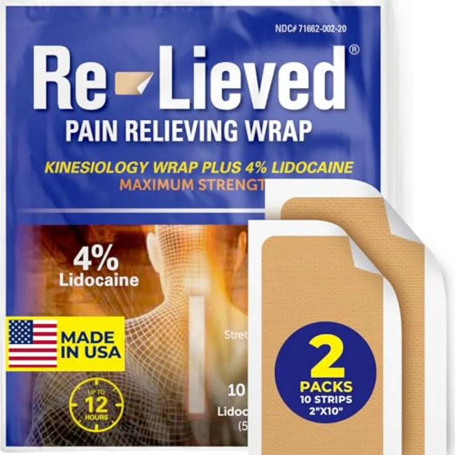 

4% Lidocaine Maximum Strength Pain Relief Kinesiology Tape - Relieves Back, Joints and Muscle Pains - Superior Sticking, Alumin