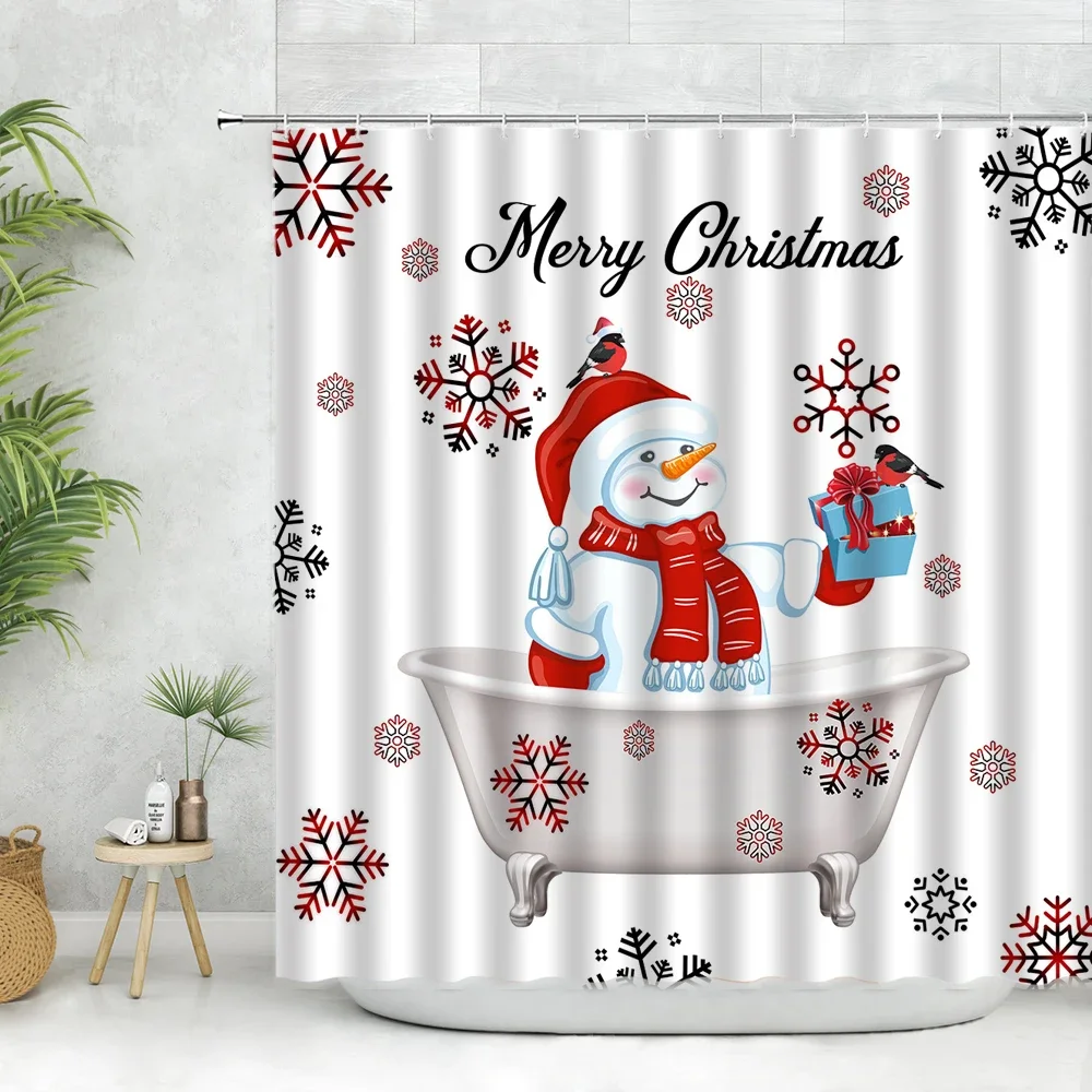 

Festive Snowman Shower Curtain with Merry Christmas Print Holiday Bathroom Decor Cute Winter Scene Waterproof and Durable Fabric