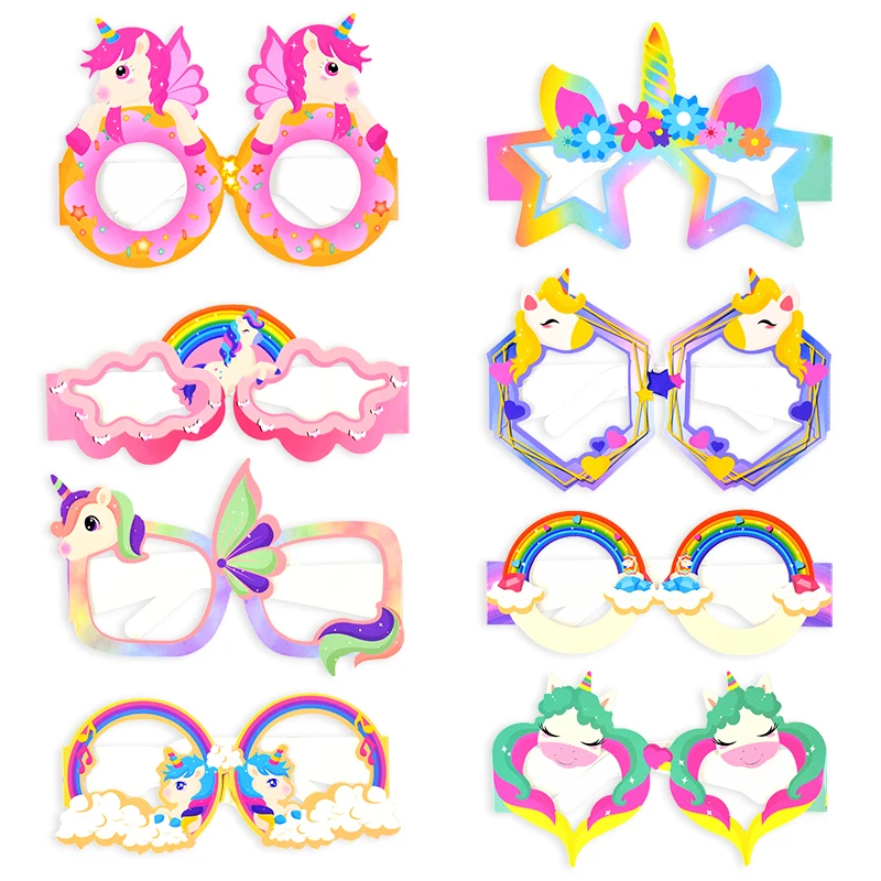 8pcs Unicorn Party Paper Glasses Rainbow Horse Glasses Photo Props Girls Birthday Favors Gift Unicorn Theme Party Decor Supplies