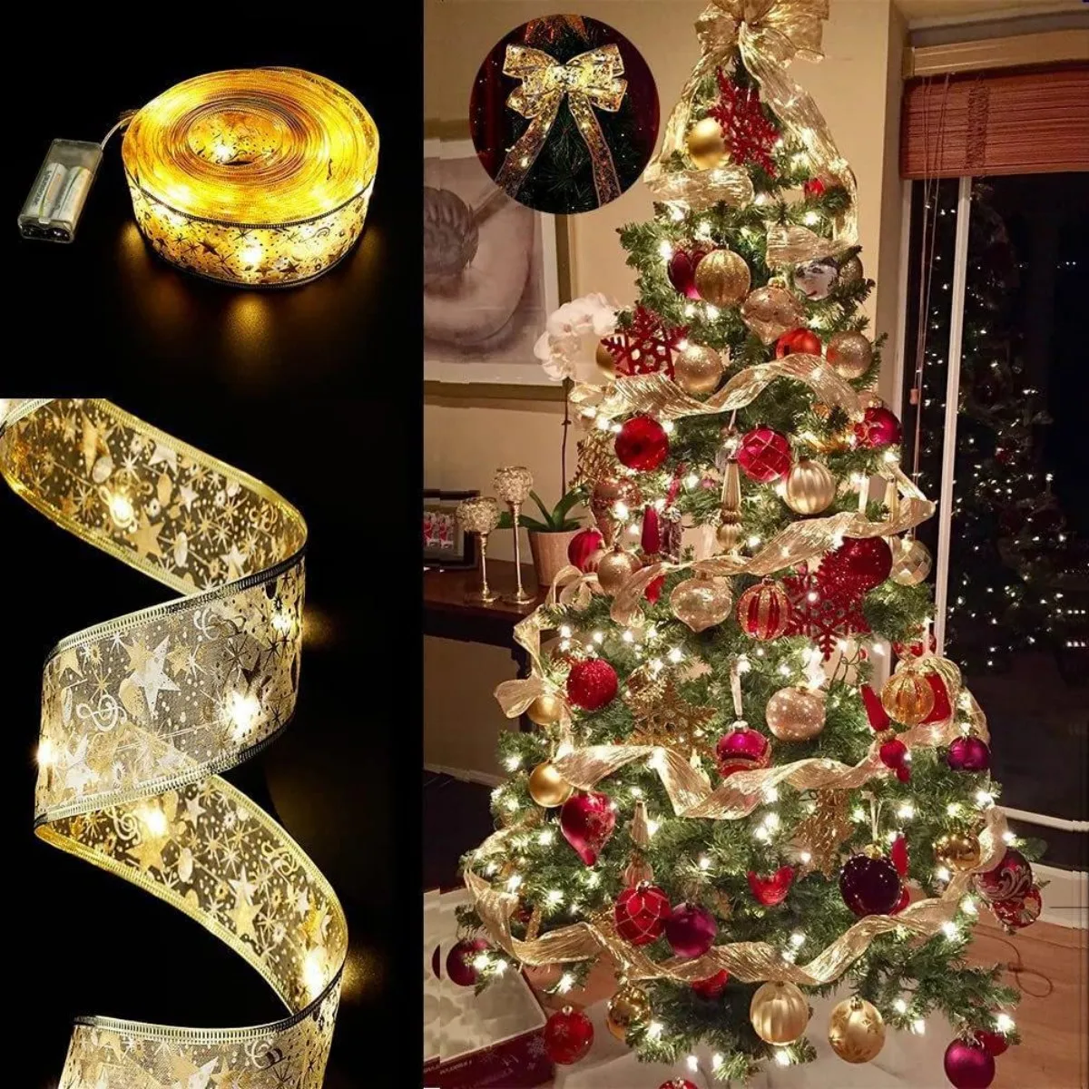 Christmas Ribbon LED Light String Ornament Tree Decorative Pendant Gift Bronzing Double Holiday Party Supplies