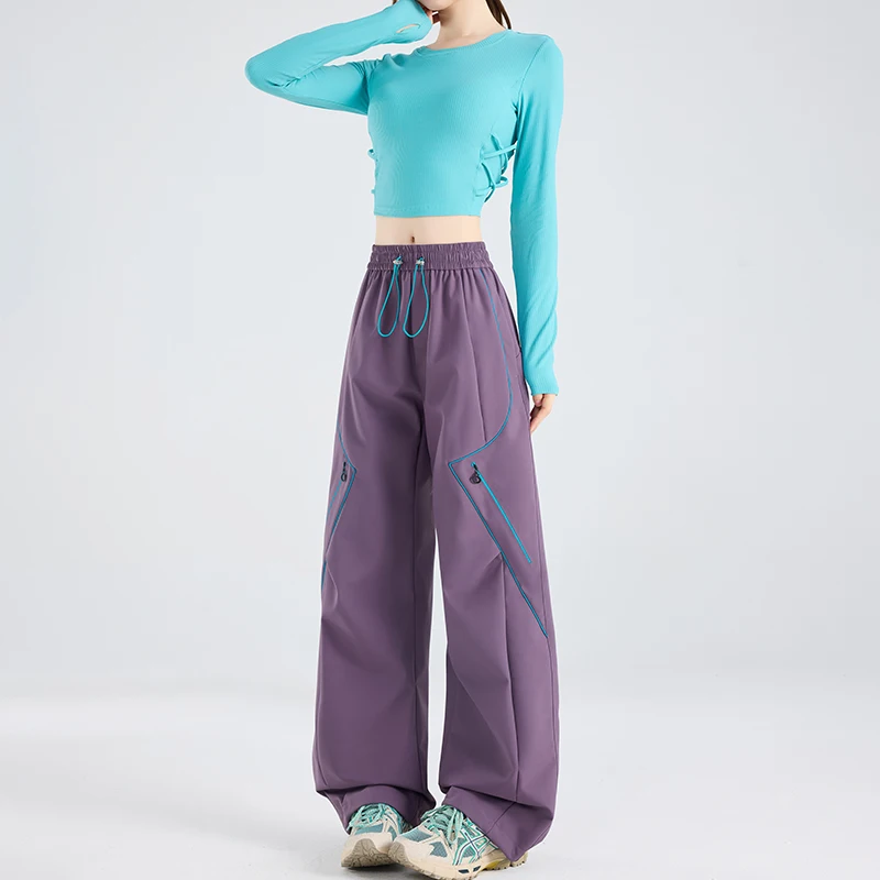 Women Waterproof Hiking Pants Drawstring Elastic Waist Wide Leg Trousers Zip Pocket Contrast Stitch Outdoor Trekking Cargo Pants