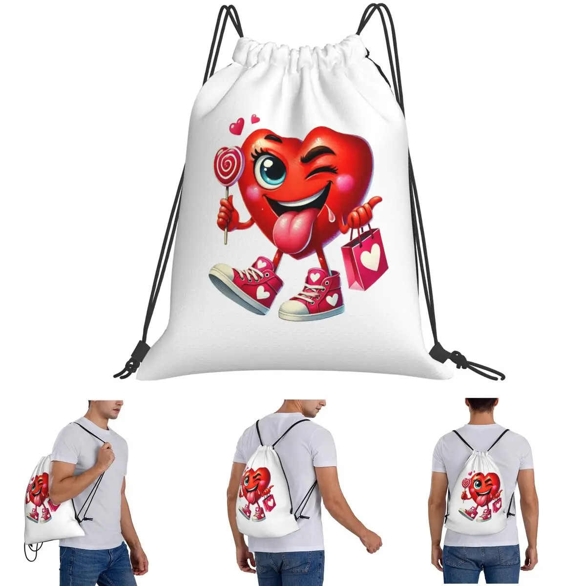 Sweet Valentine Heart Candy Lollipop Backpacks Casual Drawstring Bags Sports Bag Book Bags for Travel Students