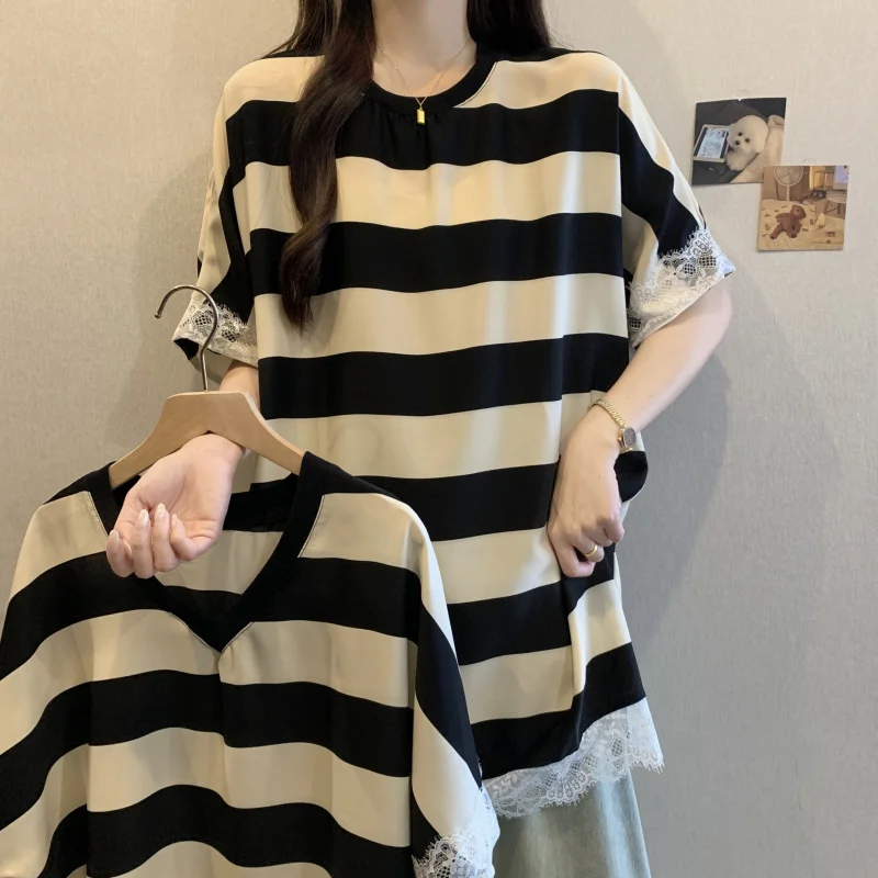 

Summer New Plus Size Lace Trim Striped Loose Women Casual Top