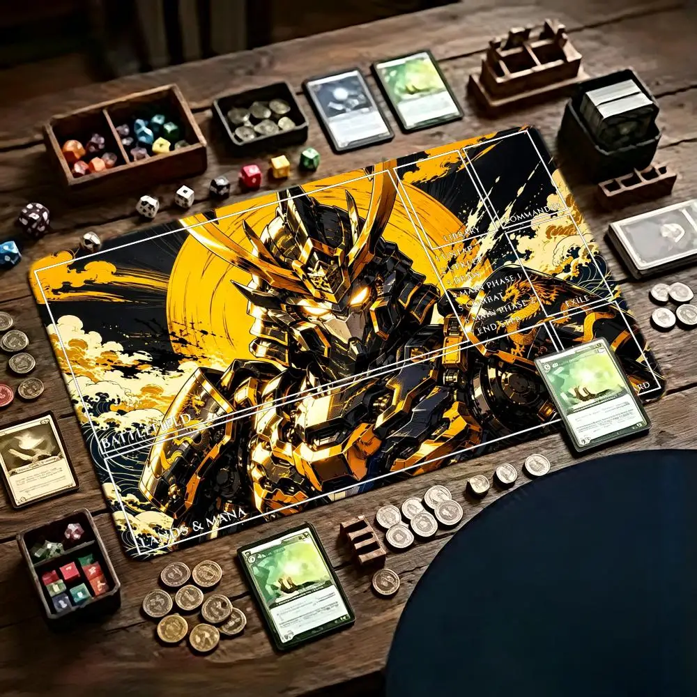 Futuristic Style Mecha Large TCG Playmat Golden Dragon Samurai & White Robot Three Templates Available Stitched Duel Game Mat