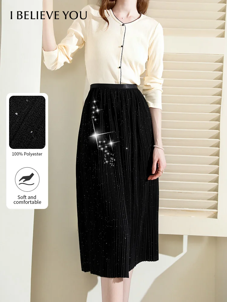 I BELIEVE YOU Black Sequin Pleated A-line Skirt 2025 Autumn Elastic High Waist Skirts Retro Commute Umbrella Skirt 2253026109