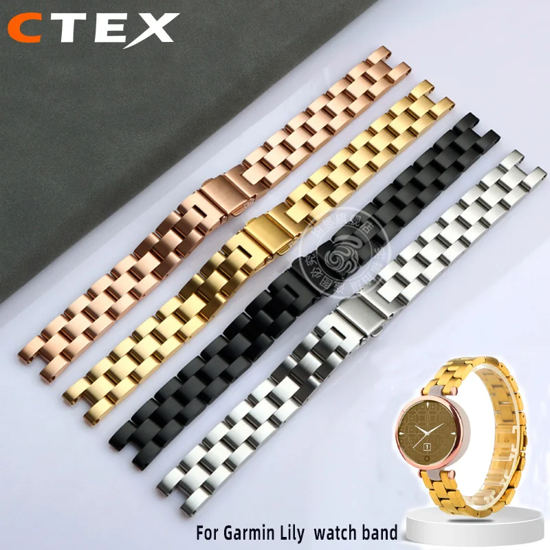 

For Garmin Lily New Fashion Stainless Steel Sports Watchband Smart Watch Accessories Strap 14mm Women's Bracelet Rose Gold Black