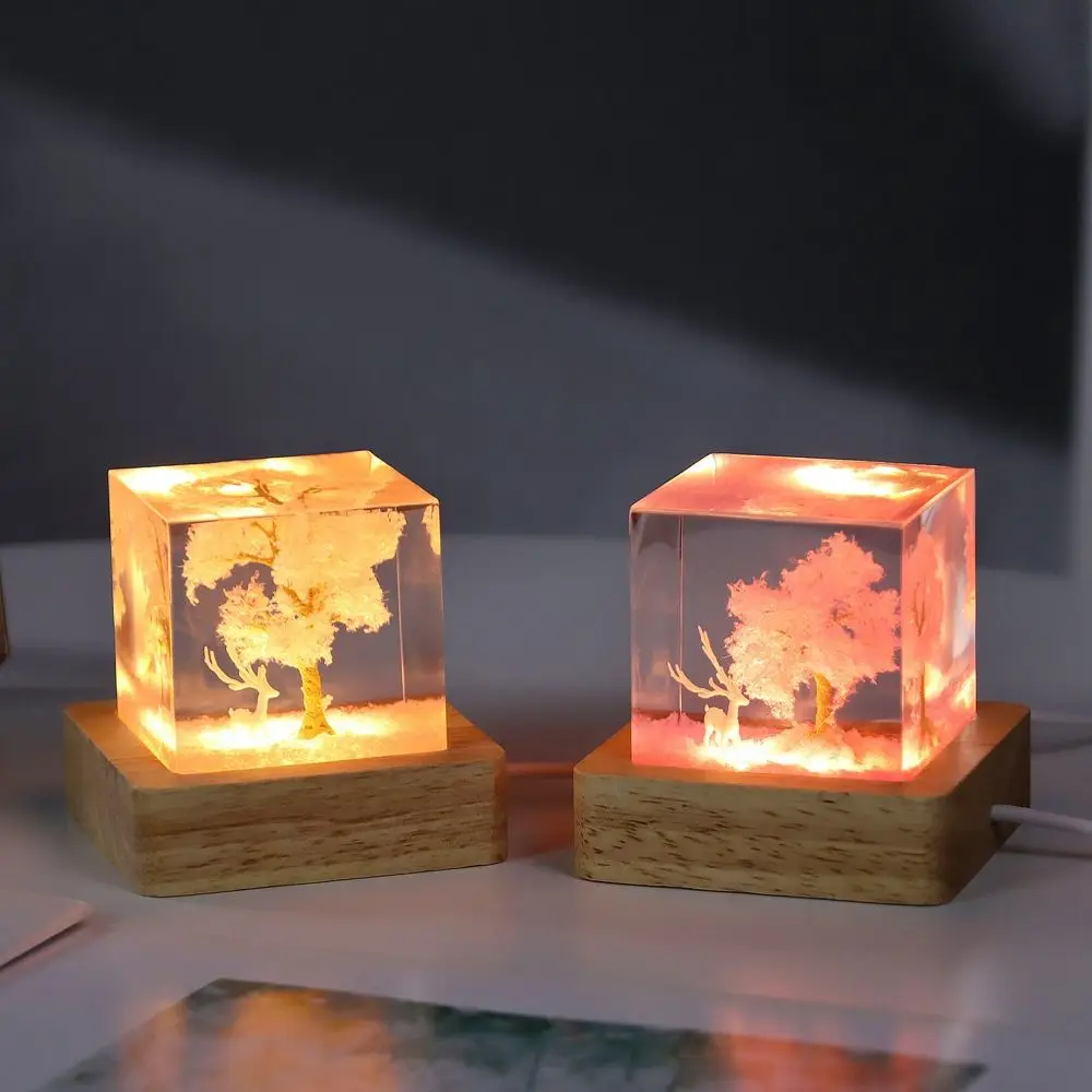 Weiße Elch Kirschblüte Nachtlicht handgemachte USB Kristall LED Nachtlichter Plug in Holz Basis rosa Nachttisch Licht Schlafzimmer Ornamente