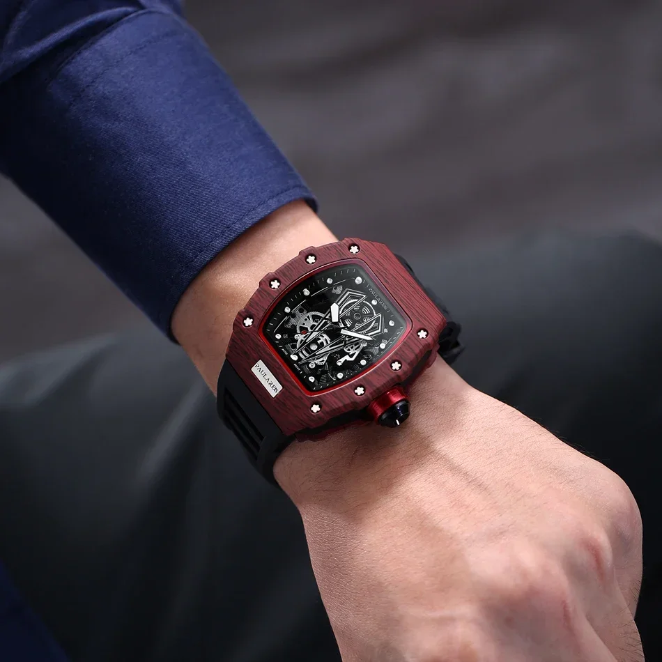 Automatic Watch for Men Skeleton Mechanical Red Black Rubber Strap Richard Fashion Tonneau Reloj Hombre