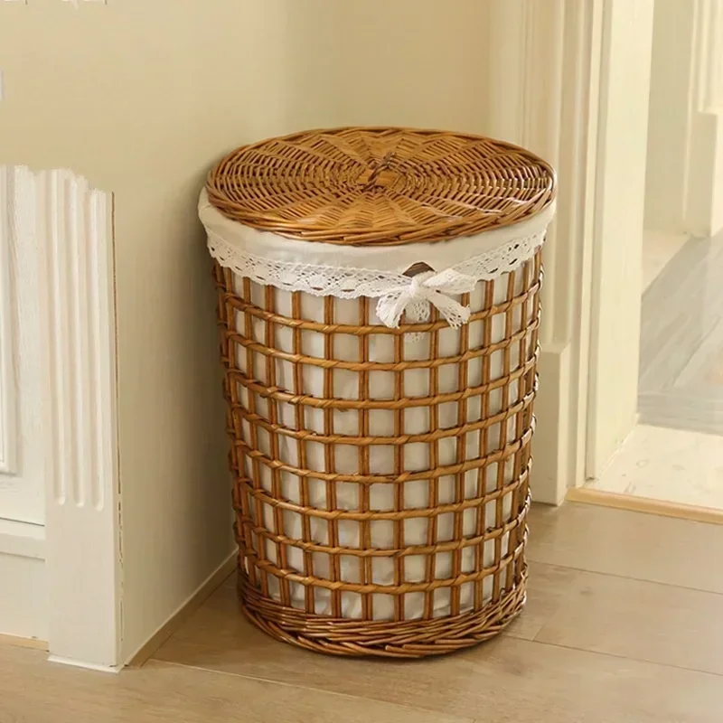 

Bamboo Woven Hollow Out Dirty Clothes Basket Rural Wind Clothes Storage Basket Toilet With Cover Organizer Basket