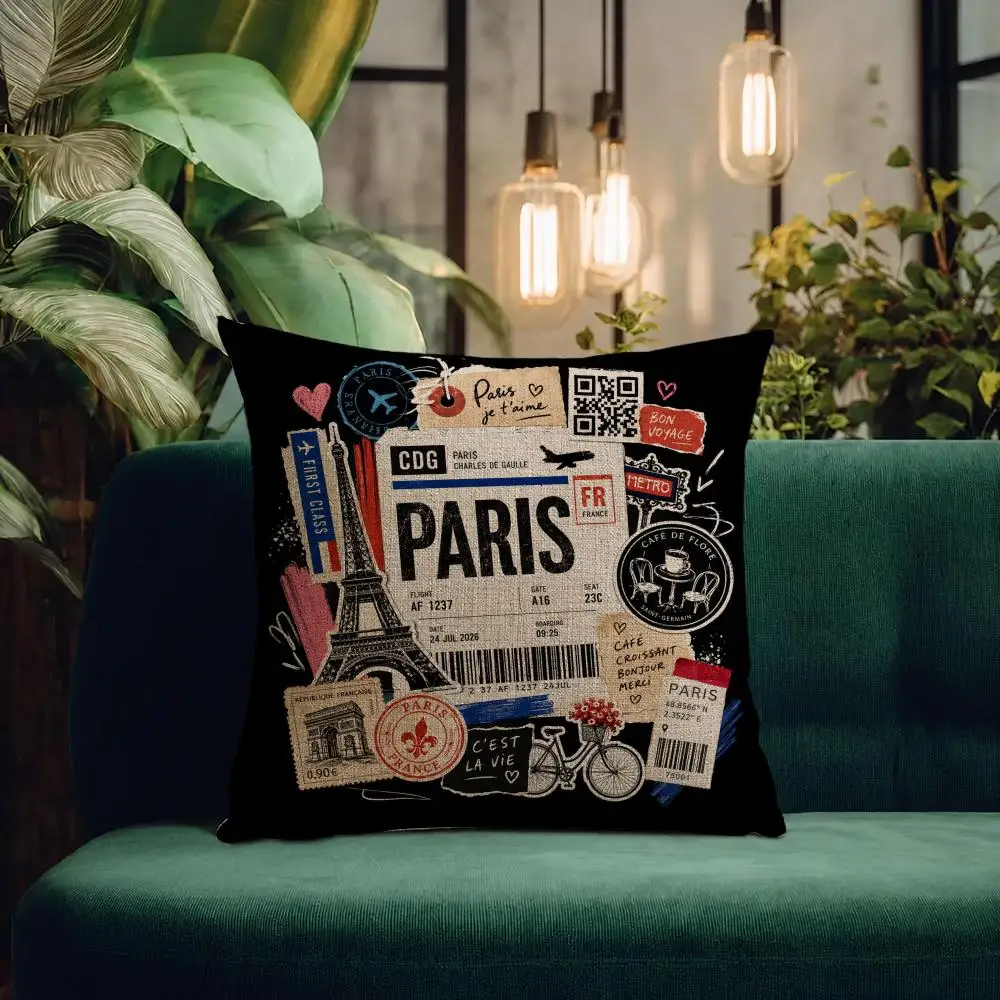 Art Vintage Air Ticket & Landmark Decor Cushion Cover Natural Linen Pillowcase Set Cushion Cover for Sofa Bedroom Chair