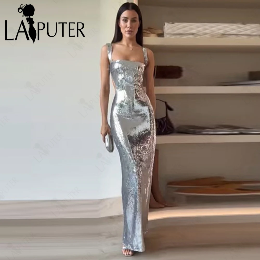 Sexy Fashion Metallic Evening Dresses Women Square Neck Silver Shoulder Straps Backless Sliming Lady Party Club Long Prom Gown