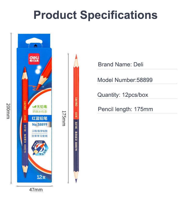 Deli Rot Blau Bleistift HB Zweifarbiger Stift für Kinder Erwachsene Design Zeichnung Industrietechnik Markierung Holzstift Briefpapier – Detail 13