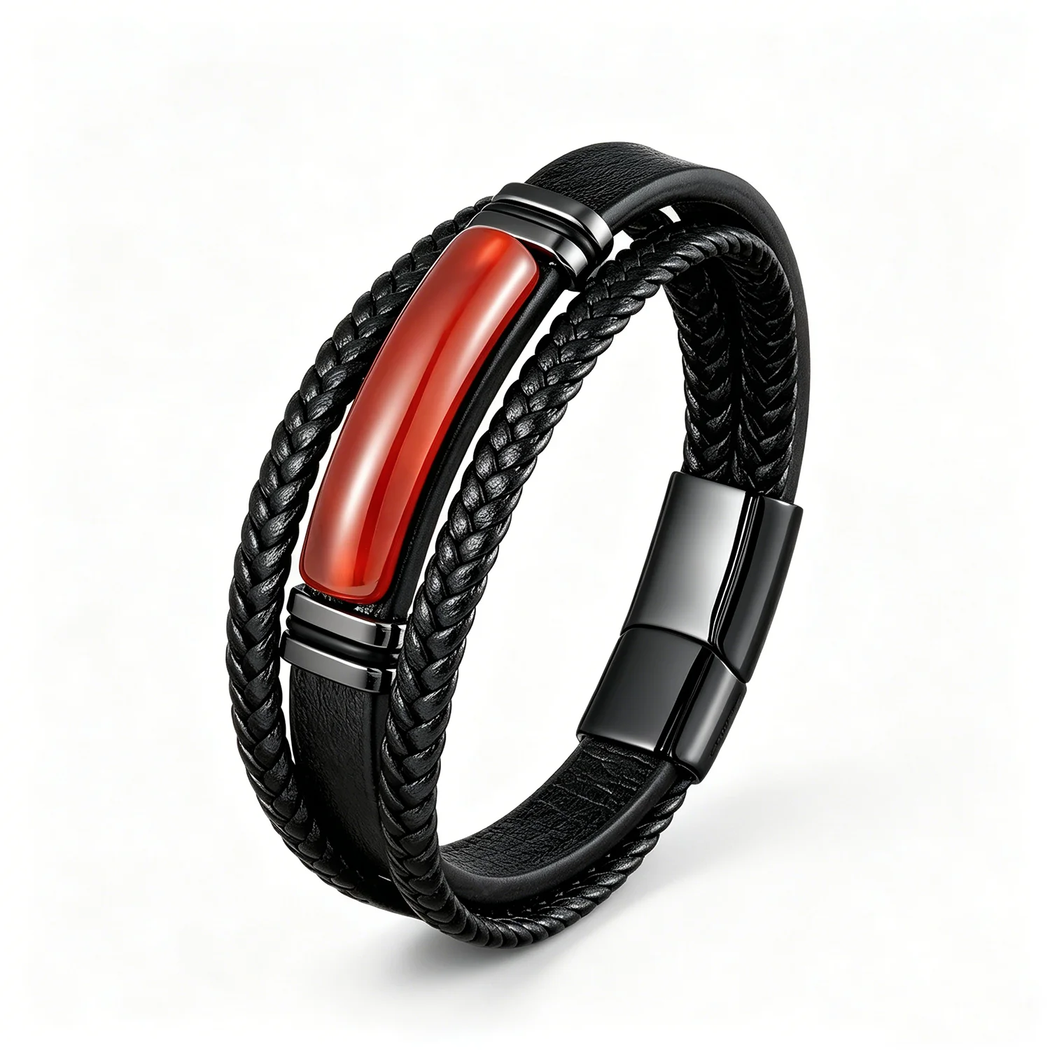 Naturkristallstein-Lederarmband für Männer – Geflochtenes Leder, Edelstahlverschluss, spiritueller Meditationsschmuck – Detail 5