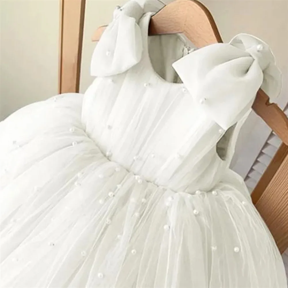 Sukienka dla dziewczynki na wesele, bez rękawów, z perłami i kokardą, na urodziny dziecka, sukienka ceremonialna dla dzieci, szyta na miarę.