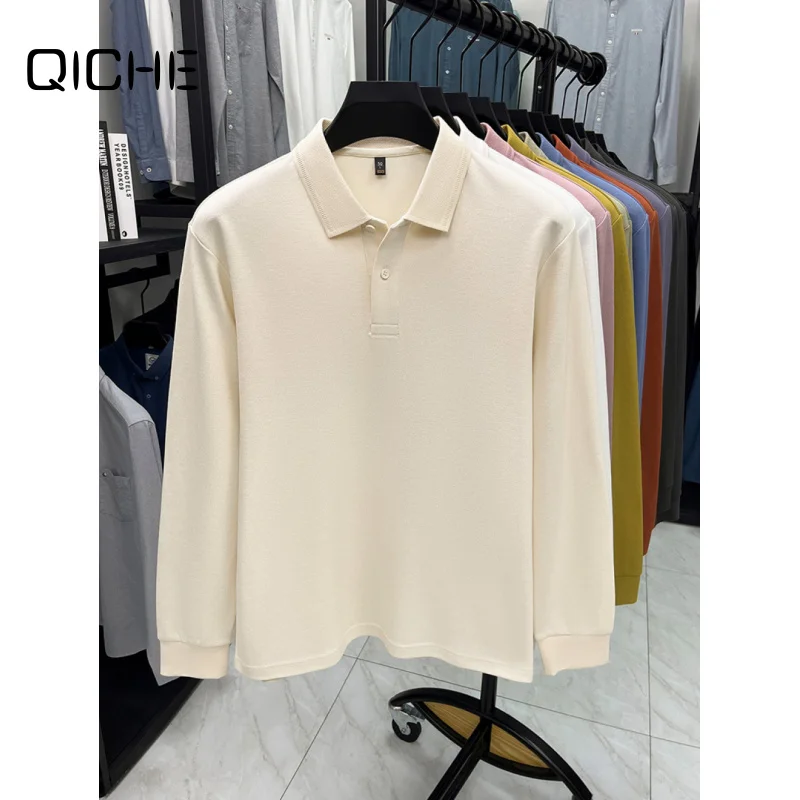 QICHE Men's High End 100% Long Staple Cotton Collared Polo Shirt Spring Autumn Old Money Style Business Casual Pure Cotton