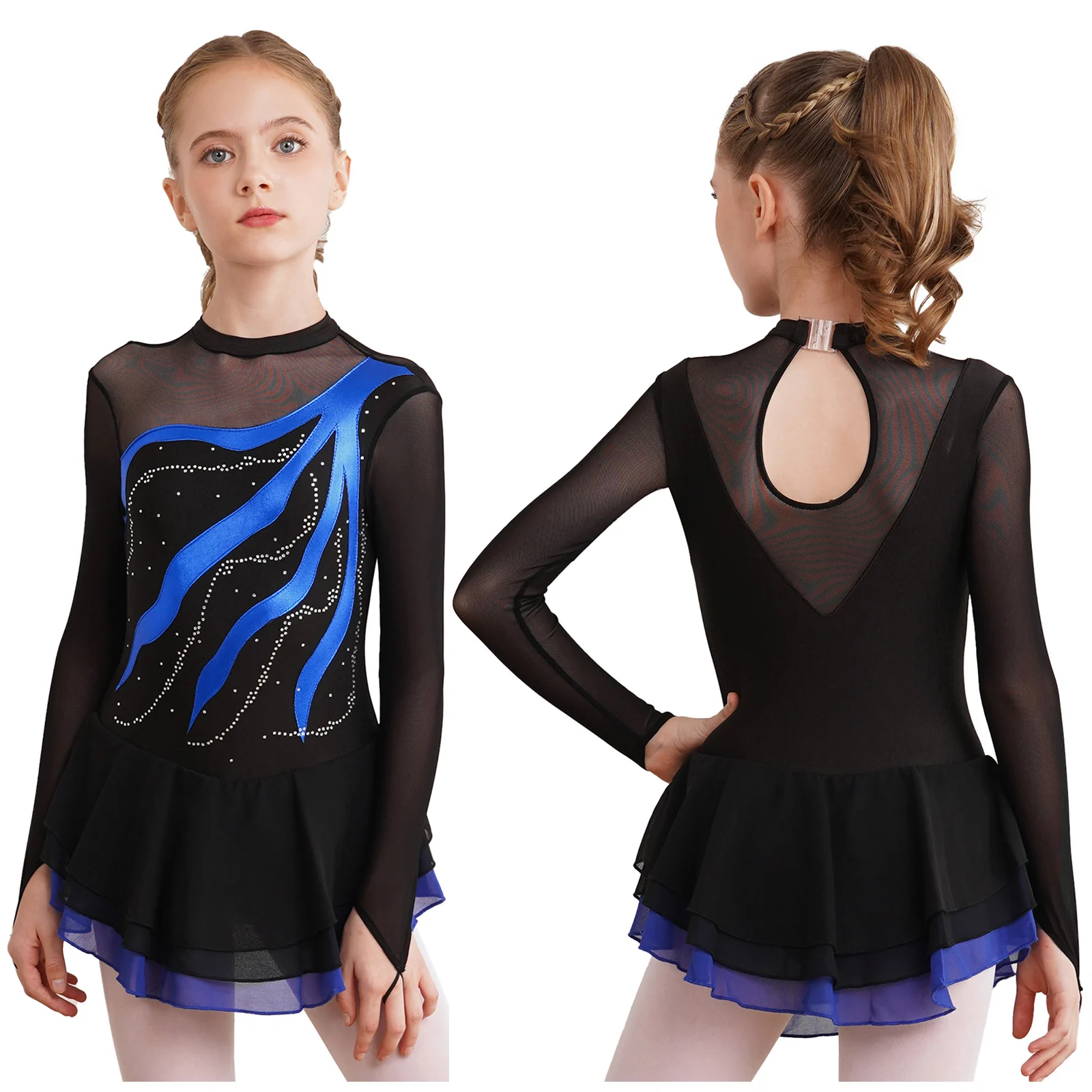 Girls Ice Figure Skating Rhythmic Gymnastics Lyrical Dance Dress Long Sleeve Shiny Rhinestone Ballet Stage Performance Costume