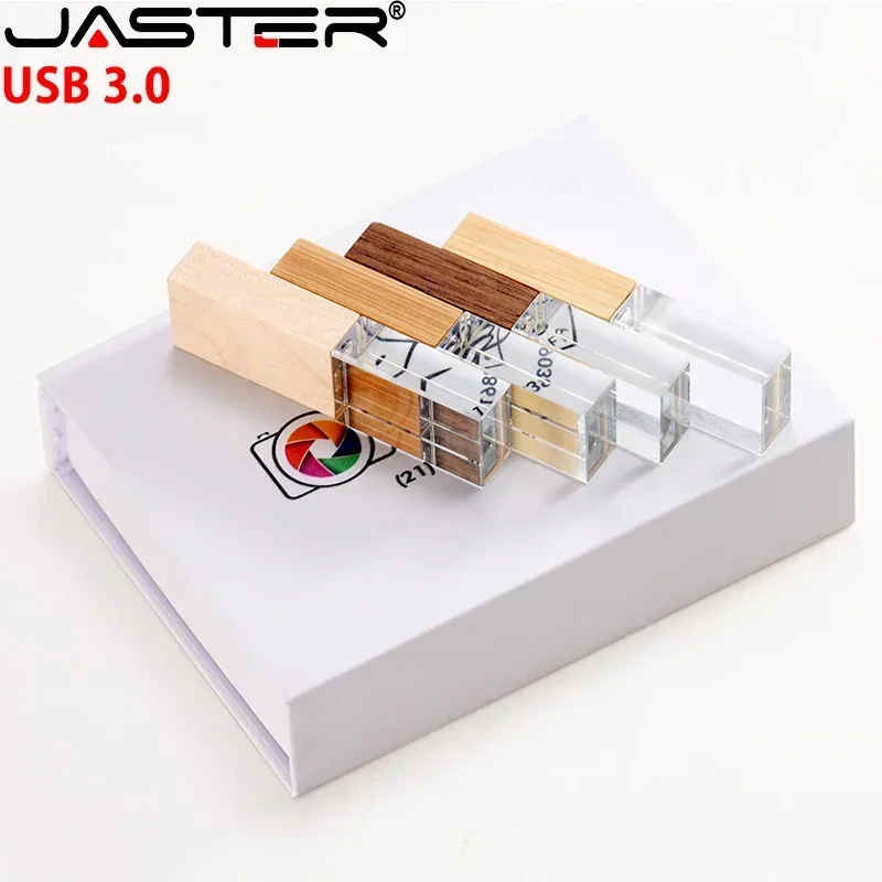 JASTER USB 3.0 Flash Drives Color Print Box Pen Drive Wood Crystal Memory Stick Niestandardowe logo Pendrive 16G 32GB 64GB 128GB U Disk