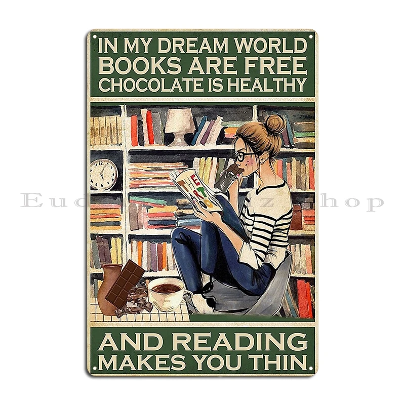 مجرد فتاة تحب القطط والكتب في عالم أحلامي علامة معدنية لغرفة المعيشة ملصق بار المرآب طباعة تين تسجيل ملصق
