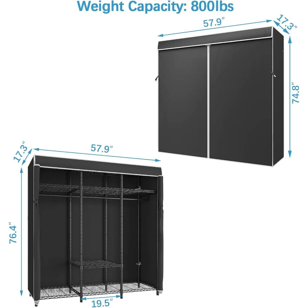 Heavy Duty Coverd Clothing Rack, Rack de roupas com capa de tecido Oxford, Armário Portátil com Prateleiras Ajustáveis e Hang Rods