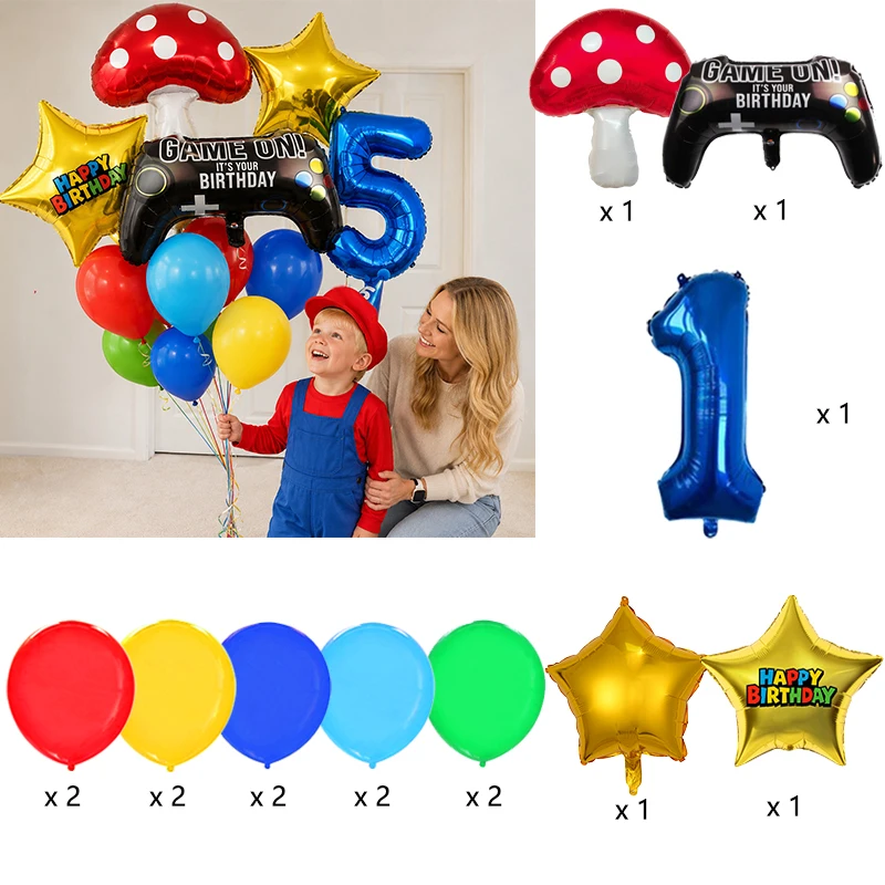Superbors Themed Party Balloon Pack Mushroom Shape Foil Balloon Star Globos Game Controller Balloon Birthday Photo Props