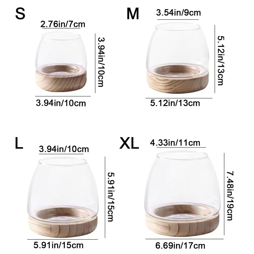 Round Circular Wooden Bucket Tank Simple with Wood Base Transparent Glass Fish Tank Decorative Glass Planter Hydroponic Vase