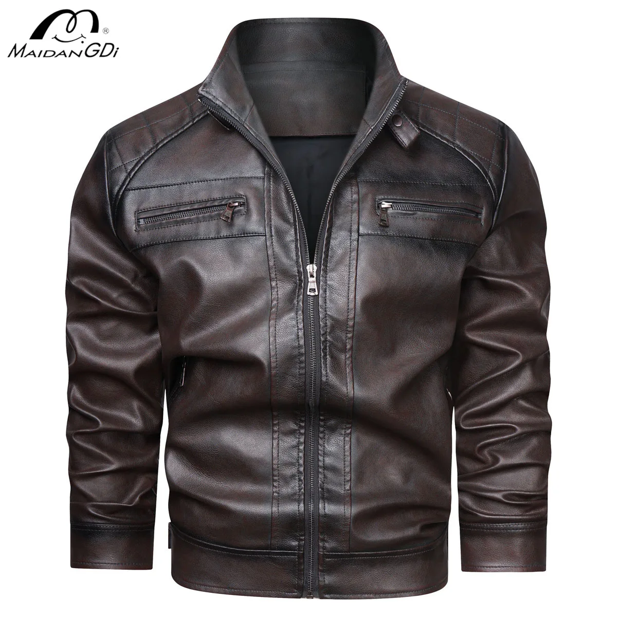 MaiDangDi 2025 Street Motorcycle Punk Style Men's Leather Jacket Multi Pocket Tough Guy Men Jacket Standing Collar Male Clothing