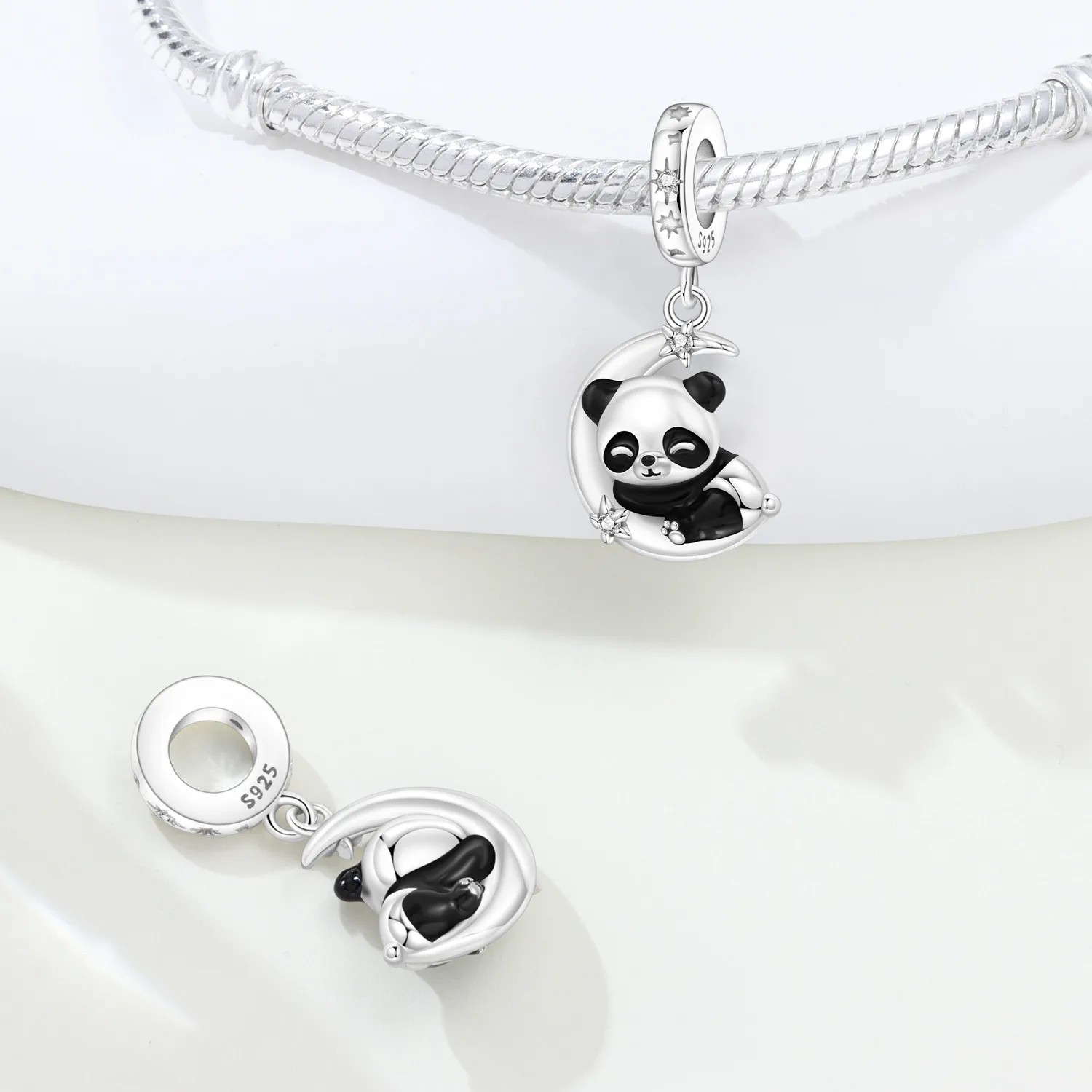 PANPOKI 925 Sterling Silver Panda Sleeping On The Moon Charms Beads Pendant Fit DIY Bracelet Necklace Jewelry Souvenir Gifts
