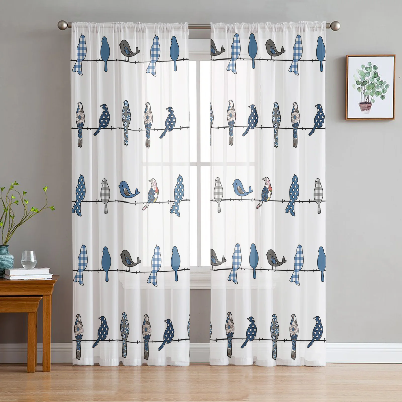 Bird Plaid Flower Blue Grey Window Tulle Curtains for Living Room Bedroom Hotel Luxury Decoration Sheer